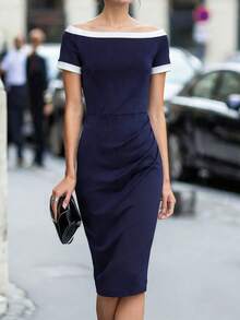 Editum Women's Off Shoulder Navy Blue And White Elegant Summer Midi Dress,Semi Formal Color Block Ruched Waist Short Sleeve Party Graduation Work Outfits - Blue and White - View 4