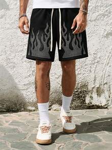ROMWE MEN Pantalones cortos con cordón en la cintura, estampado de llamas con diamante de imitación, estilo urbano para hombres - Negro - Ver 8