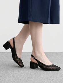 CUCCOO BIZCHIC 女士时尚高跟鞋，搭扣粗跟网纱鞋面，全球四季通勤，优雅百搭，适合节日度假、办公室户外日常穿着 - 亮黑 - 查看 5