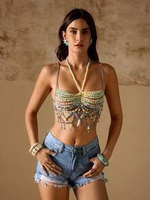 Femesol 1 chiếc áo croptop hai dây đính hạt cườm lãng mạn mùa hè, có thể điều chỉnh kích cỡ. - Nhiều màu - Xem 7