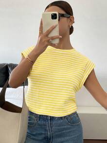 Camiseta casual de mujer de cuello redondo y manga corta, hecha de punto de guata - Amarillo - Ver 6