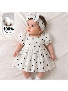 Loomiva Vestido de bebé recién nacida con cuello cuadrado, mangas de pétalo y cintura ceñida con estampado de lunares - Blanco - Ver 1