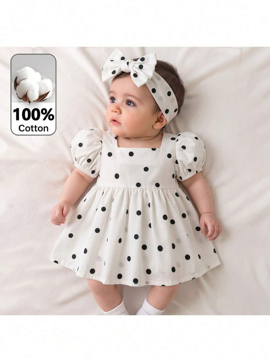 Loomiva Vestido de bebé recién nacida con cuello cuadrado, mangas de pétalo y cintura ceñida con estampado de lunares - Blanco - Ver 1