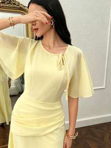 Modelyn Women's Ruched Waist Concealed Belly Flared Dress - Yellow - View 6