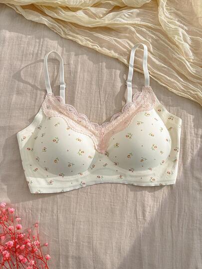 CottageSlumber Floral Lace Patchwork Romantic Fresh Style Women's Standard Size Bra With Removable Cup Pads