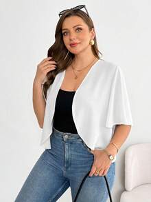 SHEIN Essnce 大码女装春夏时尚休闲舒适日常百搭短袖黑色开衫，夏季外套，外出上衣，办公穿着，度假装扮 - 白色 - 查看 5