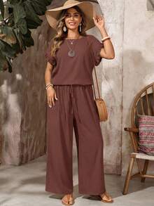EMERY ROSE Bộ đồ nữ cỡ lớn gồm áo tay cánh hoa lệch vai phối bèo nhún và quần cạp chun, màu đen, phong cách bohemian thường ngày, phù hợp cho mùa xuân và mùa hè. - Cà phê nâu - Xem 6