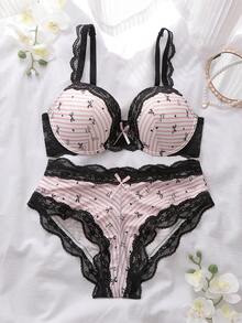 DelicateAllure Set de 2 sujetadores acolchados color rosa con lazo de mariposa, rayas de contraste, lencería de talla grande con soporte y diseño lindo - Rosa - Ver 6