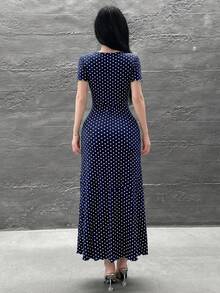 Feyla Vestido de fiesta midi elegante con cintura ceñida y decoración de lazo con lunares para mujer - Azul Marino - Ver 3