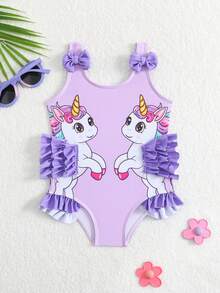 Bộ đồ bơi liền thân cho bé gái in hình hoạt hình, viền bèo nhún. - Màu tím - Xem 1