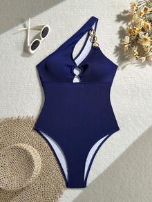 Swim  Traje de baño de una pieza con decoración de anillo de metal hueco asimétrico de unicolor para mujer - Negro - Ver 7