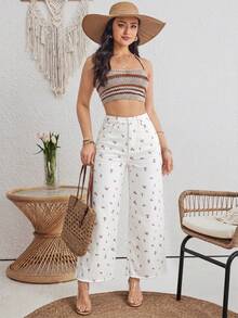 SHEIN Holidaya 女士碎花高腰阔腿休闲牛仔裤 - 彩色 - 查看 4