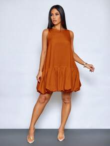 SOLERSUN Women's Elegant Scoop Neck Chic Ruffled Hem Summer Party Outfit Puffball Mini Dress - Rust Brown - View 6