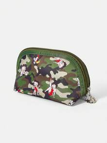Betty Boop x SHEIN 1个纸箱图案化妆包，便携式拉链化妆品收纳袋，多功能整理包，轻便旅行包 - 迷彩綠 - 查看 4