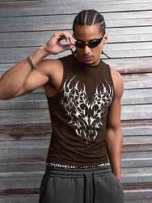AXEPEAK Men's Hip Hop Street Graphic Print Round Neck Tank Top, Versatile - Coffee Brown - View 4