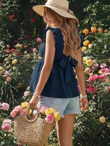 SHEIN Blouse de maternité de couleur unie avec manches à volants et nœud dans le dos pour les vacances - Bleu marine - Voir 2
