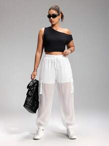 SHEIN EZwear 大码休闲运动裤，带口袋，适合日常穿着，白色 - 白色 - 查看 6