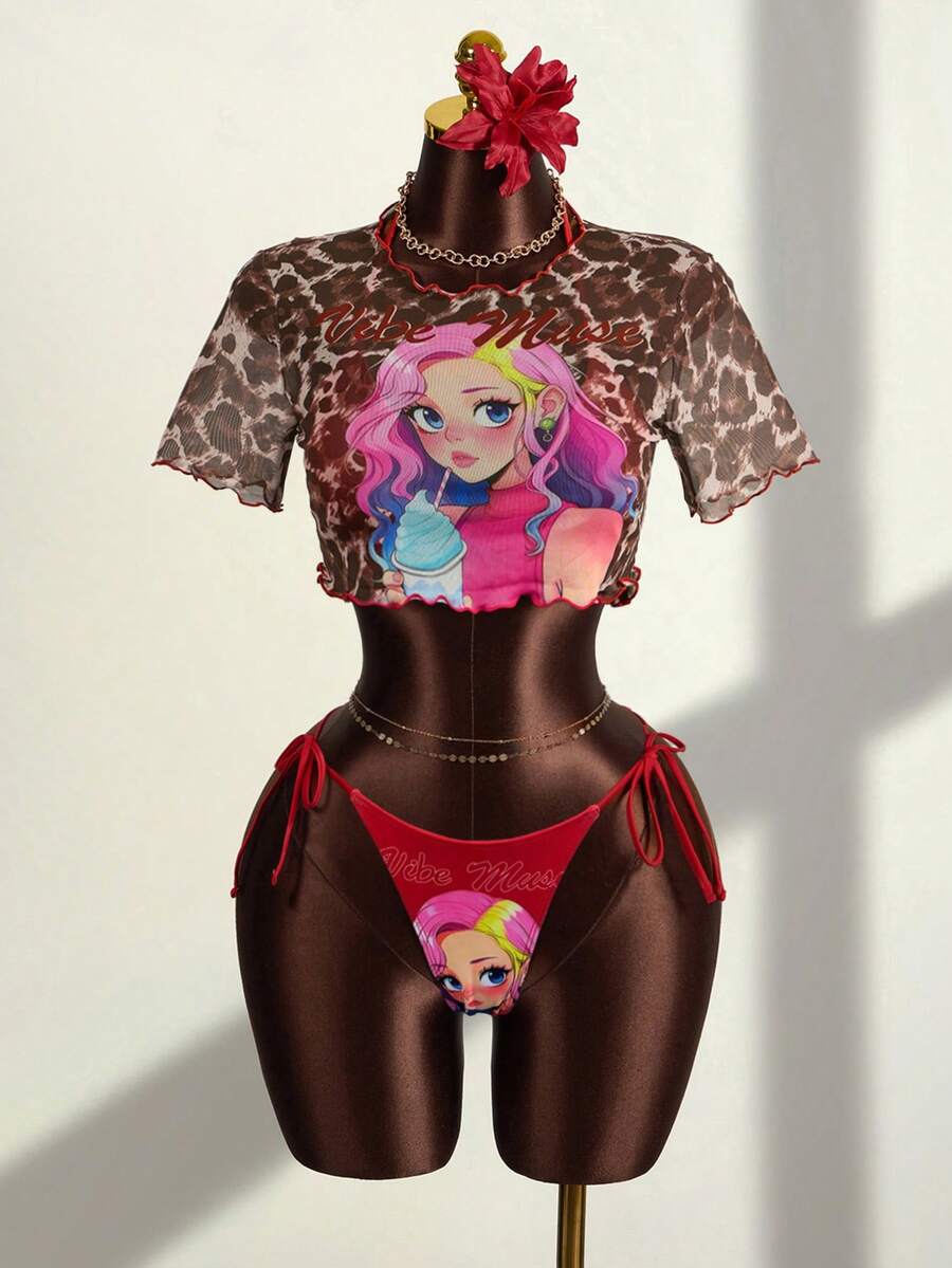 Zestiva Bộ bikini 3 mảnh dành cho nữ, họa tiết da báo và hình hoạt hình, kiểu dáng tam giác buộc dây, kèm áo khoác ngoài, gợi cảm và thanh lịch, thích hợp cho kỳ nghỉ biển hoặc tiệc tùng. - Nhiều màu - Xem 1