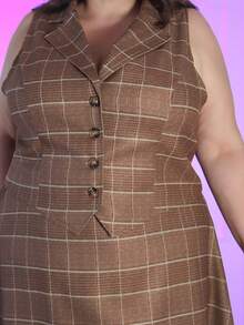 Pretty and Ole Plus Size Plaid Print Button Front Sleeveless Top And Skirt Elegant 2 Pieces Sets Summer - Brown - View 5