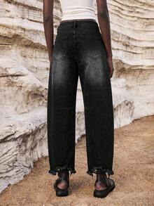 Maija Women's Fashion Versatile Pocketed Zipper Hem Distressed Straight Leg Jeans - Black - View 2