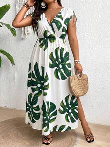 SHEIN Clasi Đầm maxi xẻ tà cổ chữ V họa tiết hoa dành cho nữ cỡ lớn. - Limelight Green - Xem 6