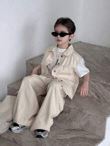 Dazy Kids Conjunto casual de chaleco sin mangas con cuello + pantalones vaqueros de pierna recta para niños (talla grande) - Blanco - Ver 5