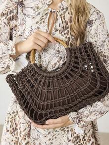 MOTF PREMIUM WOMEN'S FASHION HOLIDAY BROWN HOLLOW STRAW HANDBAG, LARGE-CAPACITY PORTABLE TOTE BAG, SUITABLE FOR VACATION TRAVEL, BEACH AND SEASIDE MATCHING - Coffee - View 7