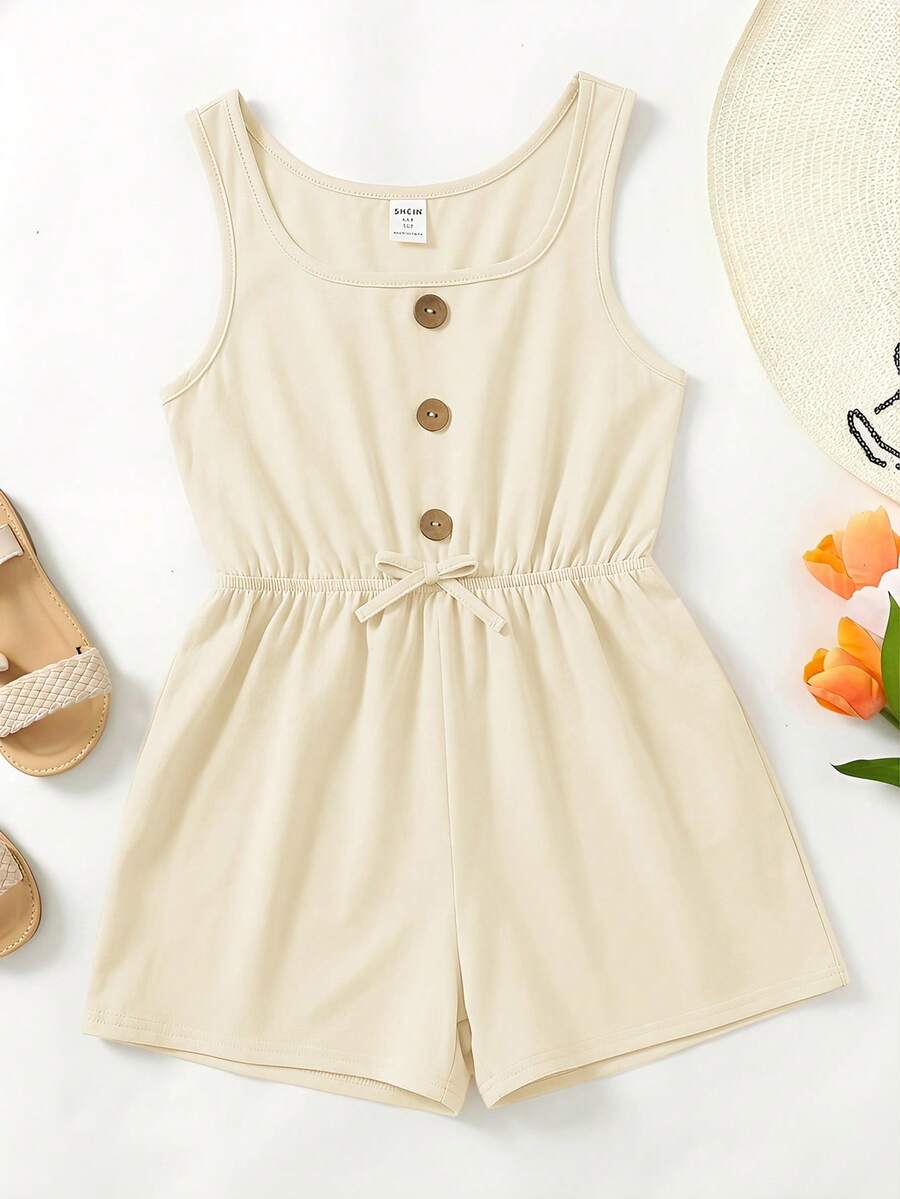 SHEIN Tween Girl & Mom Matching Casual Green Loose Jumpsuit, Suitable For Daily Wear, Vacation, Beach - Apricot - View 1