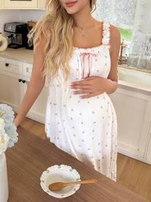 Moonlight&Mama Romantic Floral Ruffle Trim Contrast Color Maternity Nightgown - White - View 3
