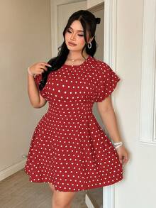 FleurLily Plus Size Elegant Raglan Waist Polka Dot Dress - Red - View 4