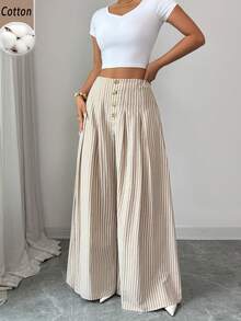 Elenzga Women's Autumn Pastal Stripe Cotton Wide-Leg Trousers Fashionable Loose-Fitting Button-Down Pleated Casual Elegant Girlisim Vacation White Brunch - Khaki - View 6