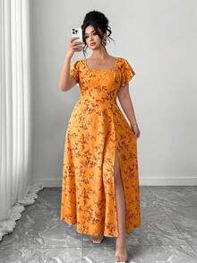 Vestido de verano elegante y estilizador para mujer de talla grande con cuello cuadrado francés, mangas con volantes, abertura en el bajo, adecuado para uso casual, vacaciones ligeras, ocasiones sociales, fiestas de cóctel y citas - Naranja - Ver 7