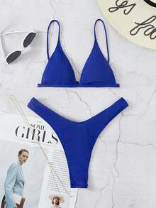 Swim Vcay Summer Beach Rib Triangle High Cut Bikini - Royal Blue - View 11