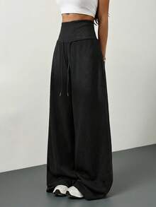 SHEIN Tall Quần nỉ dài màu xám, cạp chun, dáng rộng, thích hợp mặc đi học lại vào mùa đông, lễ tốt nghiệp, trang phục giáo viên cho nữ, quần áo mùa thu cho nữ đi học. - màu đen - Xem 1