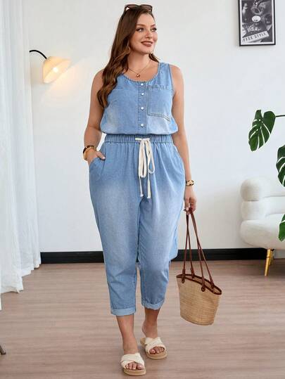 SHEIN CURVE+ Plus Size Women Casual Vacation & Commute Sleeveless Cinched Waist Cropped Denim Jumpsuit Summer Outfit For Women Festival Outfits For Women Beach Outfits For Women Graduation Jumpsuit Going Out Outfits Birthday Outfits For Women Casual Jumpsuit For Women Vacation Outfits Women Summer Holiday Outfits Country Concert Outfit Country Style For Women Office Outfits For Women Blue Jumpsuit