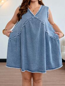 SHEIN CURVE+ 大码女式休闲百搭毛边牛仔连衣裙 - 淺色水洗藍 - 查看 7