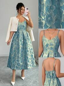Vestido elegante de mujer con tirantes de espagueti y estampado jacquard, adecuado para invitadas de boda, fiestas de noche y galas; Vestido elegante de de mujer con cuello en V y pliegues - Azul - Ver 5