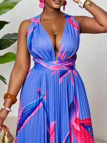 Maweii Plus Size Women Tropical Print Ruffle Dress - Blue - View 6