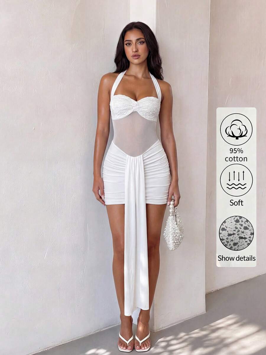 SHEIN Glamour 白色露背蕾丝抹胸紧身连衣裙，性感透视网纱收腰修身夜店连衣裙，适合辣妹、夜店女孩、派对女孩、浪漫约会女孩、休闲度假女孩、女士复活节装扮，休闲优雅风格 - 白色 - 查看 1