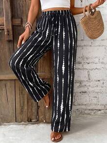 SHEIN Frenchy Quần nữ kiểu dáng giản dị, tối giản, nền đen, họa tiết sọc nhuộm trắng toàn thân, thích hợp cho mùa xuân/hè, đi nghỉ mát. - Nhiều màu - Xem 5