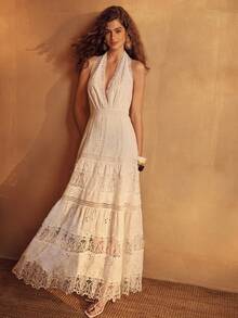 MOTF PREMIUM WOMEN'S COTTON BLEND EMBROIDERED LACE PATCHWORK DRESS, SUITABLE FOR VACATION, SPRING/SUMMER - White - View 5