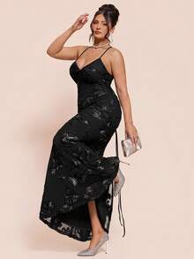 SHEIN BAE Vestido largo de sirena de jacquard negro para mujer, vestido largo ajustado con escote en V profundo en la espalda, adecuado para bodas, fiestas, citas - Negro - Ver 1