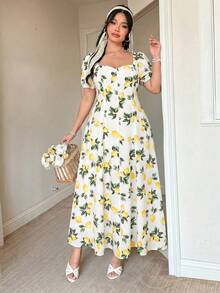 FleurLily Elegant White Summer Ditsy Floral Dress With Square Neck,Puff Sleeves,Waist Cinching,Ruffle Hem,Flowy A-Line Silhouette,Curve Party Holiday Garden - Multicolor - View 3