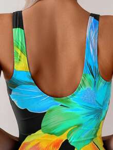 SHEIN Swim 女士连体多色大花卉图案圆领优雅高衩泳衣，夏季 - 綠色 - 查看 4