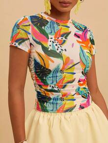 Travachic Nueva blusa casual de manga corta con estampado, ajustada y de malla transparente con plisados, adecuada para vacaciones/ocio y diversas ocasiones relajadas, Primavera/Verano 2026 - Multicolor - Ver 6