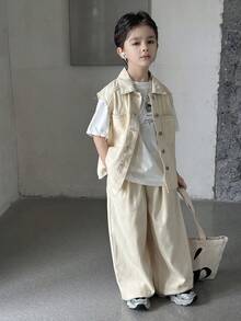 Dazy Kids Conjunto casual de chaleco sin mangas con cuello + pantalones vaqueros de pierna recta para niños (talla grande) - Blanco - Ver 4