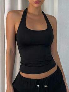 DAZY Women's Backless Halter Neck Fitted Tank Top Halter Top - Black - View 5