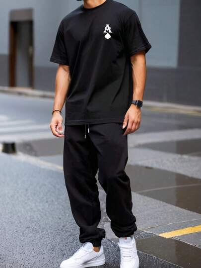 UCJPT Conjunto casual diario de camiseta con manga corta y pantalones largos para hombre  Marcaje de código  Estampado creativo en A
