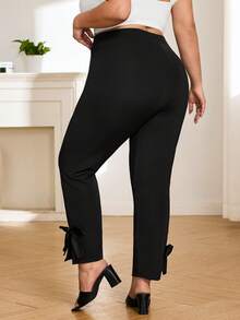 SHEIN CURVE+ Plus Size Women's Autumn Pants, Bowknot Hem, High Stretch Fabric, Wedding Wedding Guest Season Black Elegant - Black - View 2