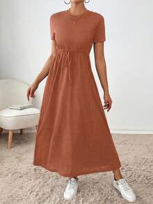 SHEIN Essnce Đầm nữ cổ tròn tay ngắn màu trơn thắt eo kiểu dáng thường ngày - màu nâu - Xem 3